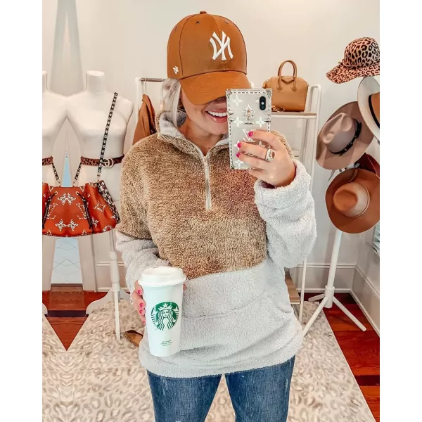 imageBTFBM Women Sherpa Pullover Quarter Zip Long Sleeve Fluffy Soft Fleece Jackets Sweaters Sweatshirts Hoodies Outwear CoatBrown