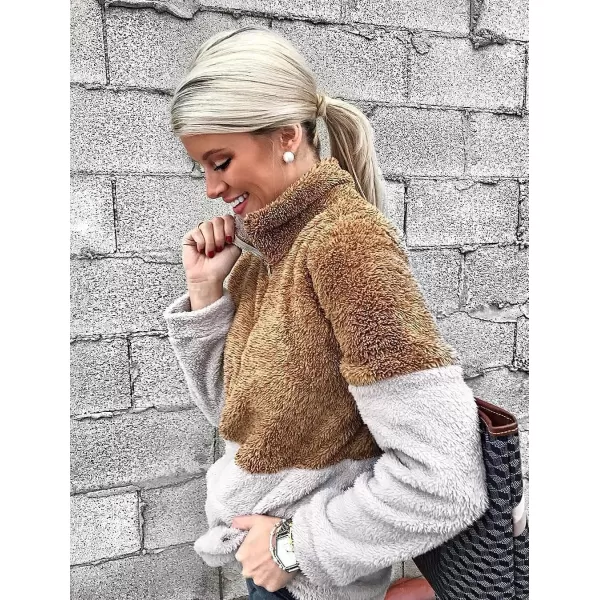 imageBTFBM Women Sherpa Pullover Quarter Zip Long Sleeve Fluffy Soft Fleece Jackets Sweaters Sweatshirts Hoodies Outwear CoatBrown
