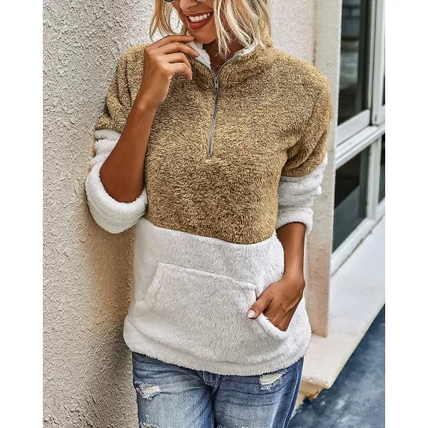 imageBTFBM Women Sherpa Pullover Quarter Zip Long Sleeve Fluffy Soft Fleece Jackets Sweaters Sweatshirts Hoodies Outwear CoatBrown