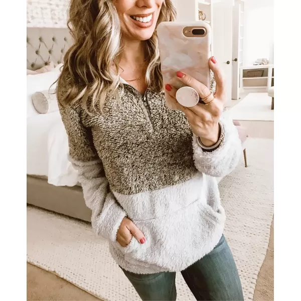 imageBTFBM Women Sherpa Pullover Quarter Zip Long Sleeve Fluffy Soft Fleece Jackets Sweaters Sweatshirts Hoodies Outwear CoatKhaki