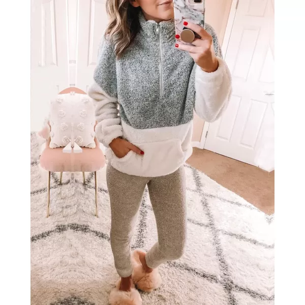 imageBTFBM Women Sherpa Pullover Quarter Zip Long Sleeve Fluffy Soft Fleece Jackets Sweaters Sweatshirts Hoodies Outwear CoatLight Grey