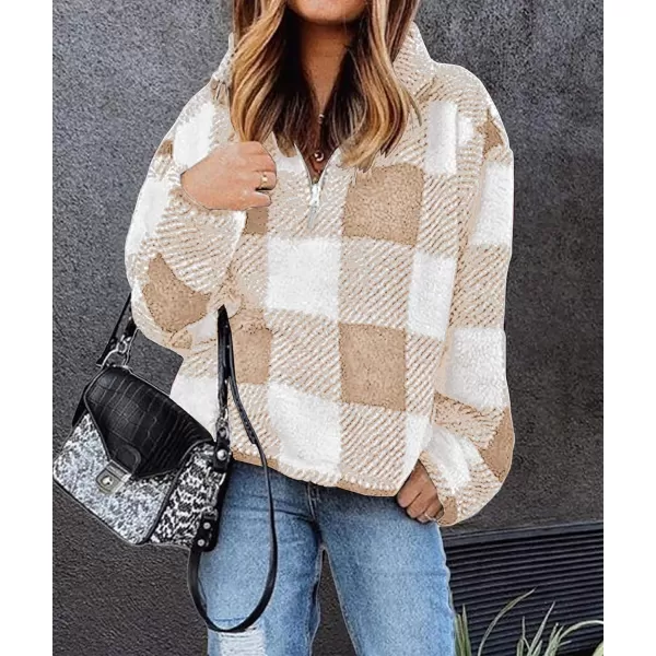 imageBTFBM Women Sherpa Pullover Quarter Zip Long Sleeve Fluffy Soft Fleece Jackets Sweaters Sweatshirts Hoodies Outwear CoatPlaid Apricot
