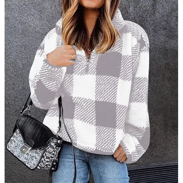 imageBTFBM Women Sherpa Pullover Quarter Zip Long Sleeve Fluffy Soft Fleece Jackets Sweaters Sweatshirts Hoodies Outwear CoatPlaid Beige Grey