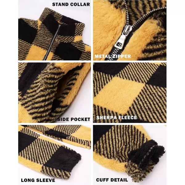 imageBTFBM Women Sherpa Pullover Quarter Zip Long Sleeve Fluffy Soft Fleece Jackets Sweaters Sweatshirts Hoodies Outwear CoatPlaid Black