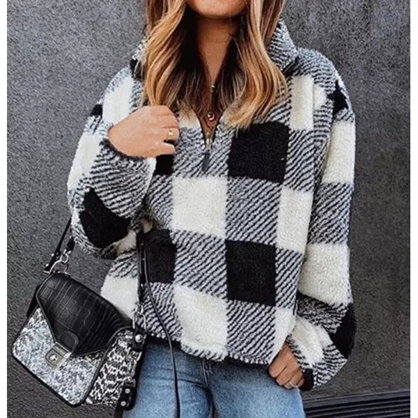 imageBTFBM Women Sherpa Pullover Quarter Zip Long Sleeve Fluffy Soft Fleece Jackets Sweaters Sweatshirts Hoodies Outwear CoatPlaid Black