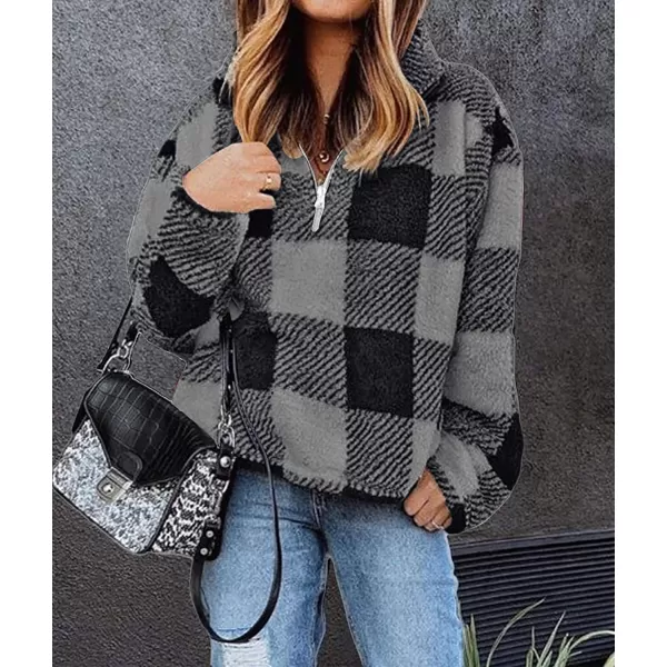imageBTFBM Women Sherpa Pullover Quarter Zip Long Sleeve Fluffy Soft Fleece Jackets Sweaters Sweatshirts Hoodies Outwear CoatPlaid Black Grey