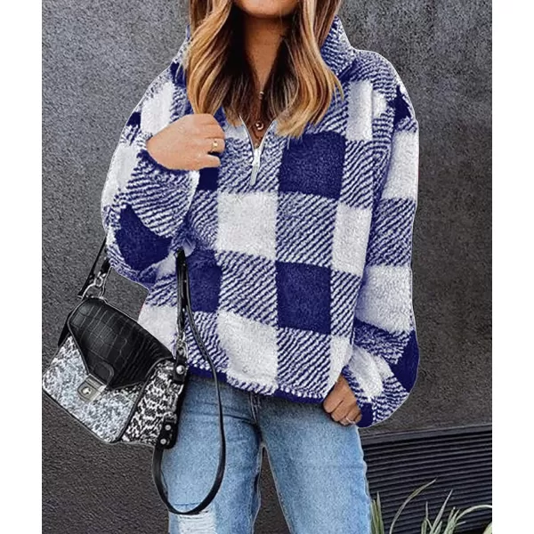 imageBTFBM Women Sherpa Pullover Quarter Zip Long Sleeve Fluffy Soft Fleece Jackets Sweaters Sweatshirts Hoodies Outwear CoatPlaid Blue