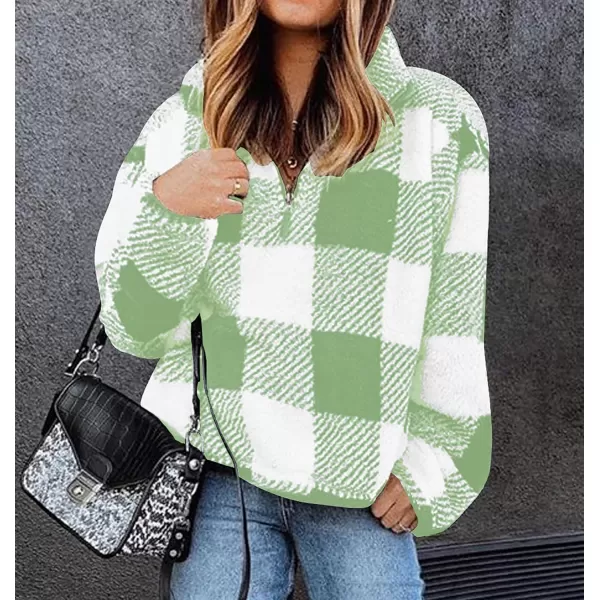 imageBTFBM Women Sherpa Pullover Quarter Zip Long Sleeve Fluffy Soft Fleece Jackets Sweaters Sweatshirts Hoodies Outwear CoatPlaid Grass Green