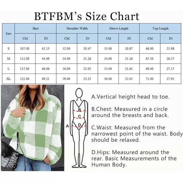 imageBTFBM Women Sherpa Pullover Quarter Zip Long Sleeve Fluffy Soft Fleece Jackets Sweaters Sweatshirts Hoodies Outwear CoatPlaid Grass Green