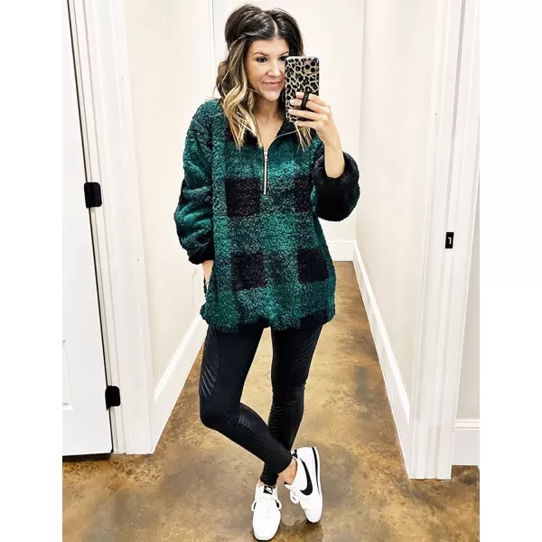 imageBTFBM Women Sherpa Pullover Quarter Zip Long Sleeve Fluffy Soft Fleece Jackets Sweaters Sweatshirts Hoodies Outwear CoatPlaid Green
