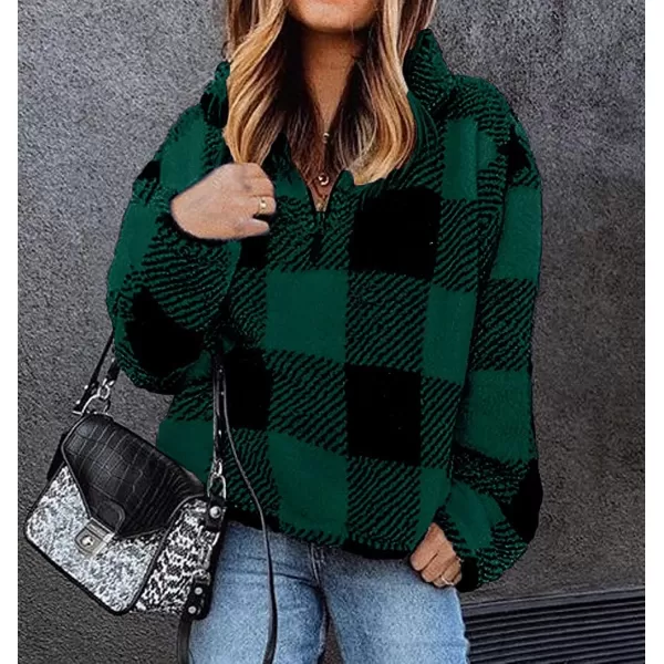 imageBTFBM Women Sherpa Pullover Quarter Zip Long Sleeve Fluffy Soft Fleece Jackets Sweaters Sweatshirts Hoodies Outwear CoatPlaid Green