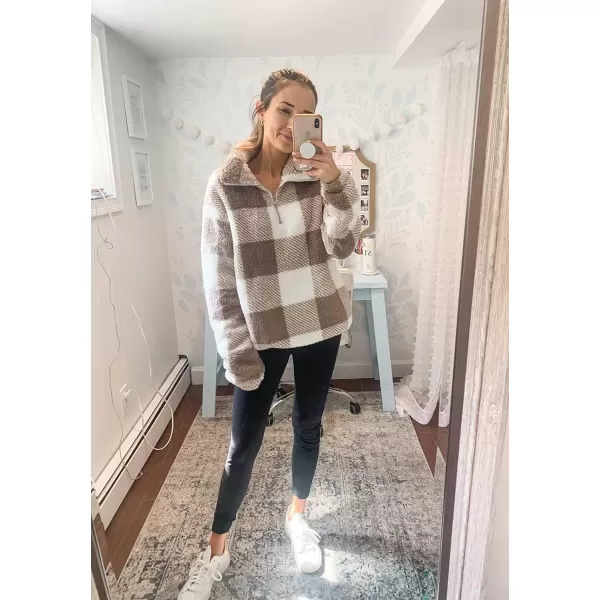 imageBTFBM Women Sherpa Pullover Quarter Zip Long Sleeve Fluffy Soft Fleece Jackets Sweaters Sweatshirts Hoodies Outwear CoatPlaid Khaki