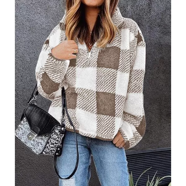 imageBTFBM Women Sherpa Pullover Quarter Zip Long Sleeve Fluffy Soft Fleece Jackets Sweaters Sweatshirts Hoodies Outwear CoatPlaid Khaki