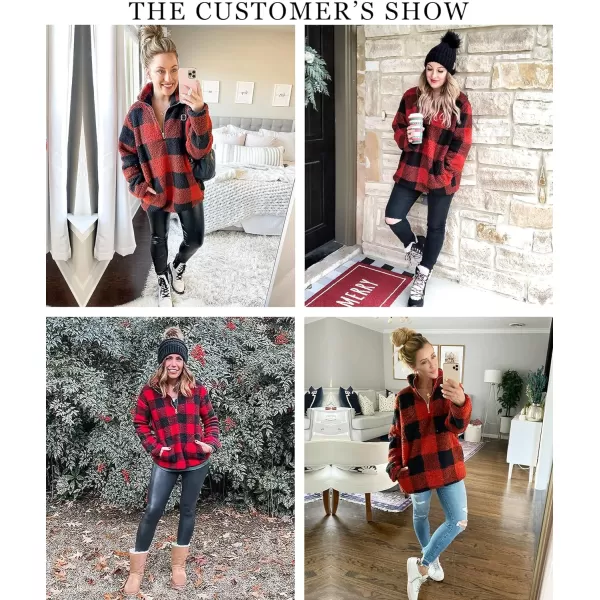 imageBTFBM Women Sherpa Pullover Quarter Zip Long Sleeve Fluffy Soft Fleece Jackets Sweaters Sweatshirts Hoodies Outwear CoatPlaid Red