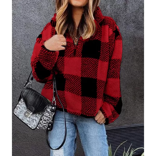 imageBTFBM Women Sherpa Pullover Quarter Zip Long Sleeve Fluffy Soft Fleece Jackets Sweaters Sweatshirts Hoodies Outwear CoatPlaid Red