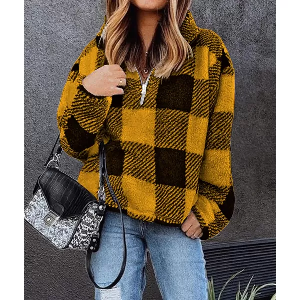 imageBTFBM Women Sherpa Pullover Quarter Zip Long Sleeve Fluffy Soft Fleece Jackets Sweaters Sweatshirts Hoodies Outwear CoatPlaid Yellow