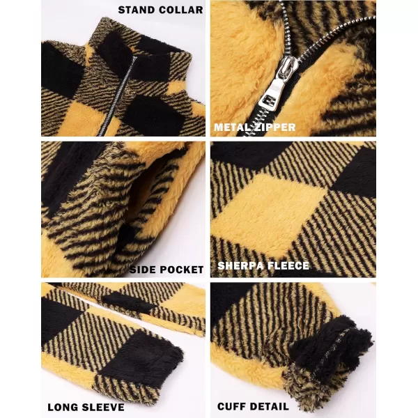 imageBTFBM Women Sherpa Pullover Quarter Zip Long Sleeve Fluffy Soft Fleece Jackets Sweaters Sweatshirts Hoodies Outwear CoatPlaid Yellow