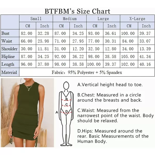 imageBTFBM Women Sleeveless Bodycon Ruched Short Dress Side Drawstring Solid Crew Neck Casual Summer Tank Shirt Mini DressesArmy Green