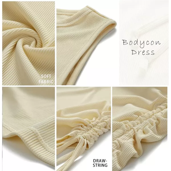 imageBTFBM Women Sleeveless Bodycon Ruched Short Dress Side Drawstring Solid Crew Neck Casual Summer Tank Shirt Mini DressesBeige