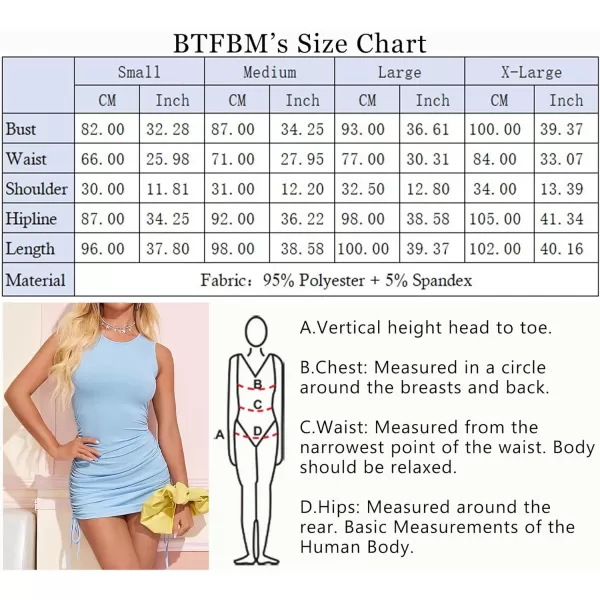 imageBTFBM Women Sleeveless Bodycon Ruched Short Dress Side Drawstring Solid Crew Neck Casual Summer Tank Shirt Mini DressesBlue