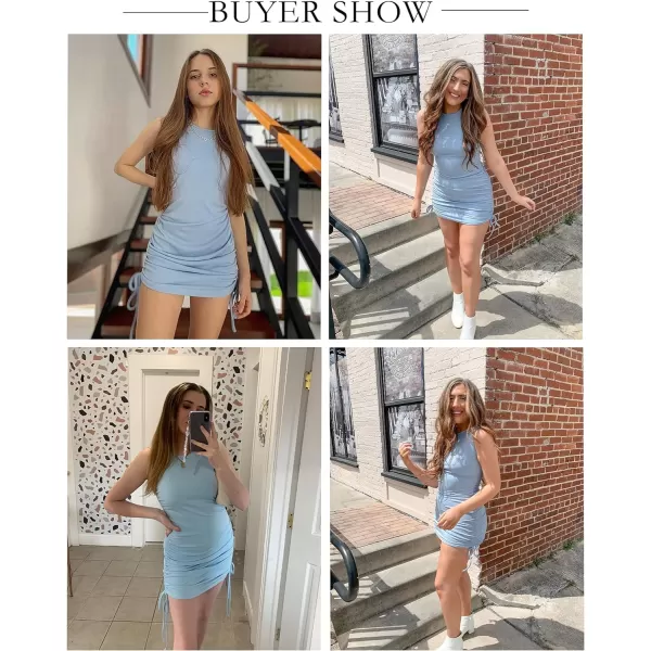 imageBTFBM Women Sleeveless Bodycon Ruched Short Dress Side Drawstring Solid Crew Neck Casual Summer Tank Shirt Mini DressesBlue