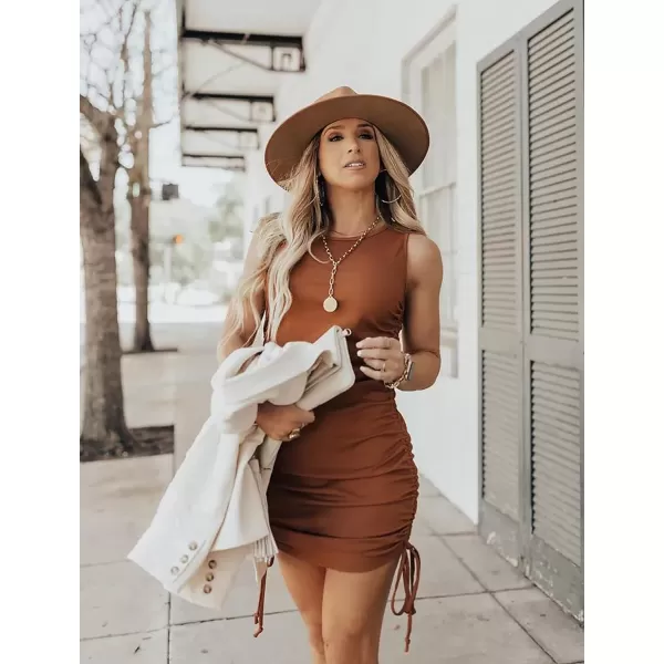 imageBTFBM Women Sleeveless Bodycon Ruched Short Dress Side Drawstring Solid Crew Neck Casual Summer Tank Shirt Mini DressesBrown