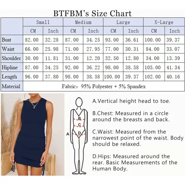 imageBTFBM Women Sleeveless Bodycon Ruched Short Dress Side Drawstring Solid Crew Neck Casual Summer Tank Shirt Mini DressesDark Blue