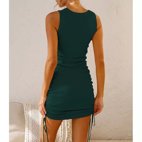 imageBTFBM Women Sleeveless Bodycon Ruched Short Dress Side Drawstring Solid Crew Neck Casual Summer Tank Shirt Mini DressesDark Green