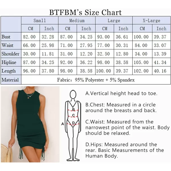 imageBTFBM Women Sleeveless Bodycon Ruched Short Dress Side Drawstring Solid Crew Neck Casual Summer Tank Shirt Mini DressesDark Green