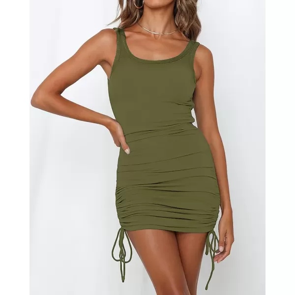 imageBTFBM Women Sleeveless Bodycon Ruched Short Dress Side Drawstring Solid Crew Neck Casual Summer Tank Shirt Mini DressesNarrow Strap  Army Green