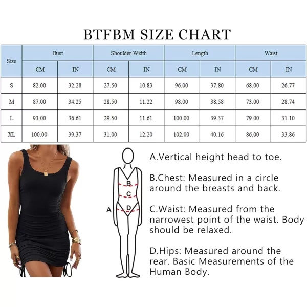 imageBTFBM Women Sleeveless Bodycon Ruched Short Dress Side Drawstring Solid Crew Neck Casual Summer Tank Shirt Mini DressesNarrow Strap  Black