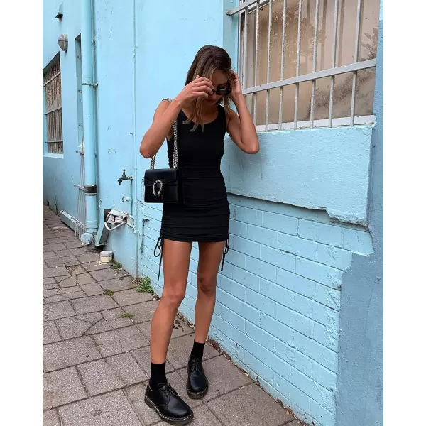 imageBTFBM Women Sleeveless Bodycon Ruched Short Dress Side Drawstring Solid Crew Neck Casual Summer Tank Shirt Mini DressesNarrow Strap  Black