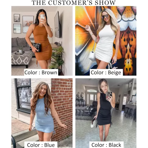 imageBTFBM Women Sleeveless Bodycon Ruched Short Dress Side Drawstring Solid Crew Neck Casual Summer Tank Shirt Mini DressesPink