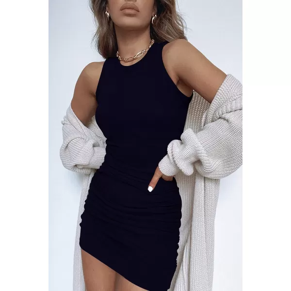imageBTFBM Women Sleeveless Bodycon Ruched Short Dress Side Drawstring Solid Crew Neck Casual Summer Tank Shirt Mini DressesTank Navy