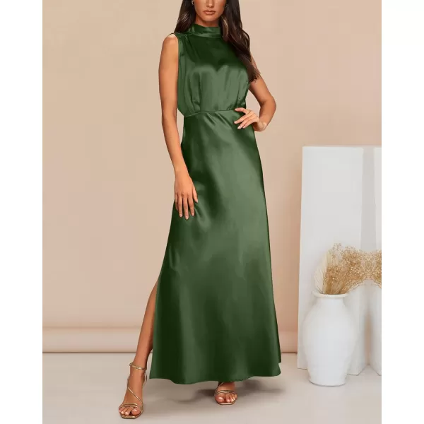 imageBTFBM Women Sleeveless Mock Neck Cocktail Dresses Keyhole Elastic Waist Party Wedding Guest Satin High Split Maxi DressSolid Army Green