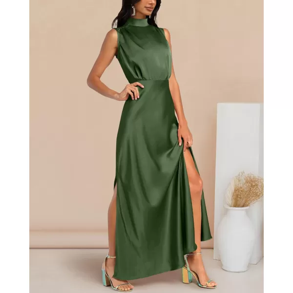 imageBTFBM Women Sleeveless Mock Neck Cocktail Dresses Keyhole Elastic Waist Party Wedding Guest Satin High Split Maxi DressSolid Army Green