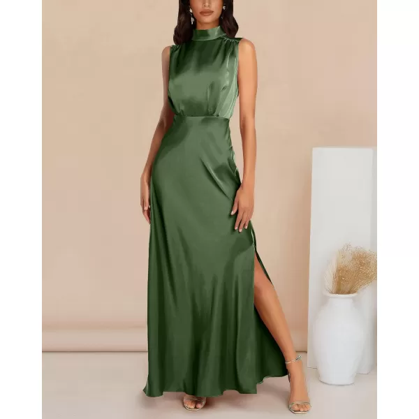 imageBTFBM Women Sleeveless Mock Neck Cocktail Dresses Keyhole Elastic Waist Party Wedding Guest Satin High Split Maxi DressSolid Army Green