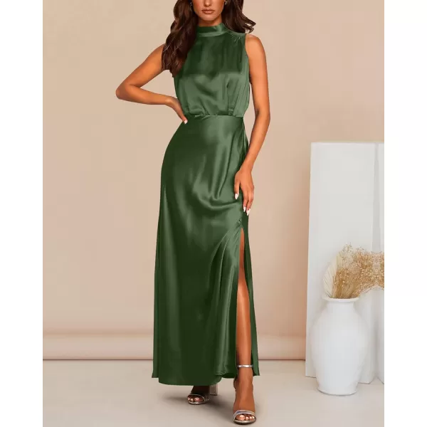 imageBTFBM Women Sleeveless Mock Neck Cocktail Dresses Keyhole Elastic Waist Party Wedding Guest Satin High Split Maxi DressSolid Army Green