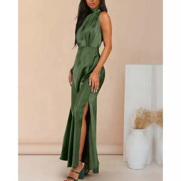 imageBTFBM Women Sleeveless Mock Neck Cocktail Dresses Keyhole Elastic Waist Party Wedding Guest Satin High Split Maxi DressSolid Army Green