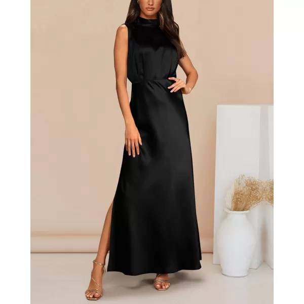 imageBTFBM Women Sleeveless Mock Neck Cocktail Dresses Keyhole Elastic Waist Party Wedding Guest Satin High Split Maxi DressSolid Black
