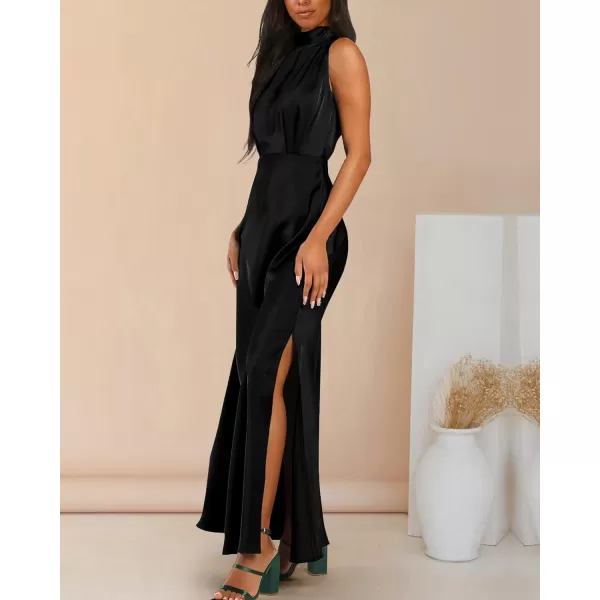 imageBTFBM Women Sleeveless Mock Neck Cocktail Dresses Keyhole Elastic Waist Party Wedding Guest Satin High Split Maxi DressSolid Black