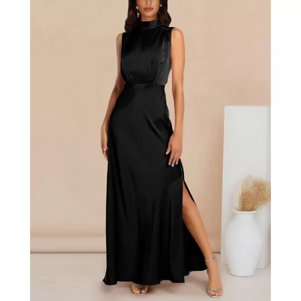 imageBTFBM Women Sleeveless Mock Neck Cocktail Dresses Keyhole Elastic Waist Party Wedding Guest Satin High Split Maxi DressSolid Black
