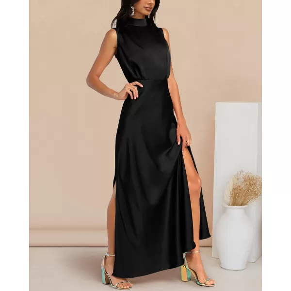 imageBTFBM Women Sleeveless Mock Neck Cocktail Dresses Keyhole Elastic Waist Party Wedding Guest Satin High Split Maxi DressSolid Black