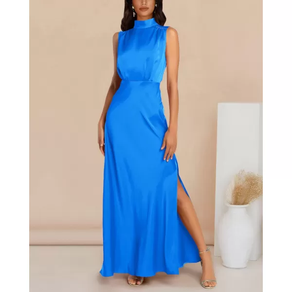 imageBTFBM Women Sleeveless Mock Neck Cocktail Dresses Keyhole Elastic Waist Party Wedding Guest Satin High Split Maxi DressSolid Blue