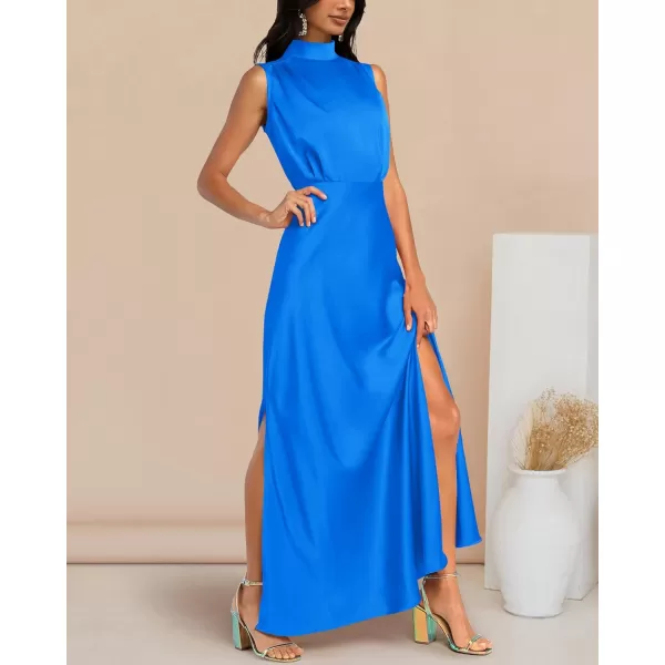 imageBTFBM Women Sleeveless Mock Neck Cocktail Dresses Keyhole Elastic Waist Party Wedding Guest Satin High Split Maxi DressSolid Blue