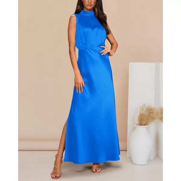 imageBTFBM Women Sleeveless Mock Neck Cocktail Dresses Keyhole Elastic Waist Party Wedding Guest Satin High Split Maxi DressSolid Blue
