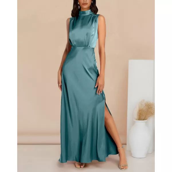 imageBTFBM Women Sleeveless Mock Neck Cocktail Dresses Keyhole Elastic Waist Party Wedding Guest Satin High Split Maxi DressSolid Blue Green