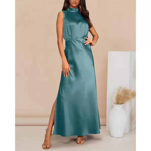 imageBTFBM Women Sleeveless Mock Neck Cocktail Dresses Keyhole Elastic Waist Party Wedding Guest Satin High Split Maxi DressSolid Blue Green