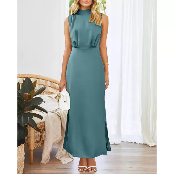 imageBTFBM Women Sleeveless Mock Neck Cocktail Dresses Keyhole Elastic Waist Party Wedding Guest Satin High Split Maxi DressSolid Blue Green