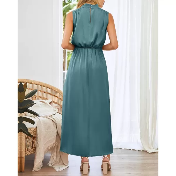 imageBTFBM Women Sleeveless Mock Neck Cocktail Dresses Keyhole Elastic Waist Party Wedding Guest Satin High Split Maxi DressSolid Blue Green